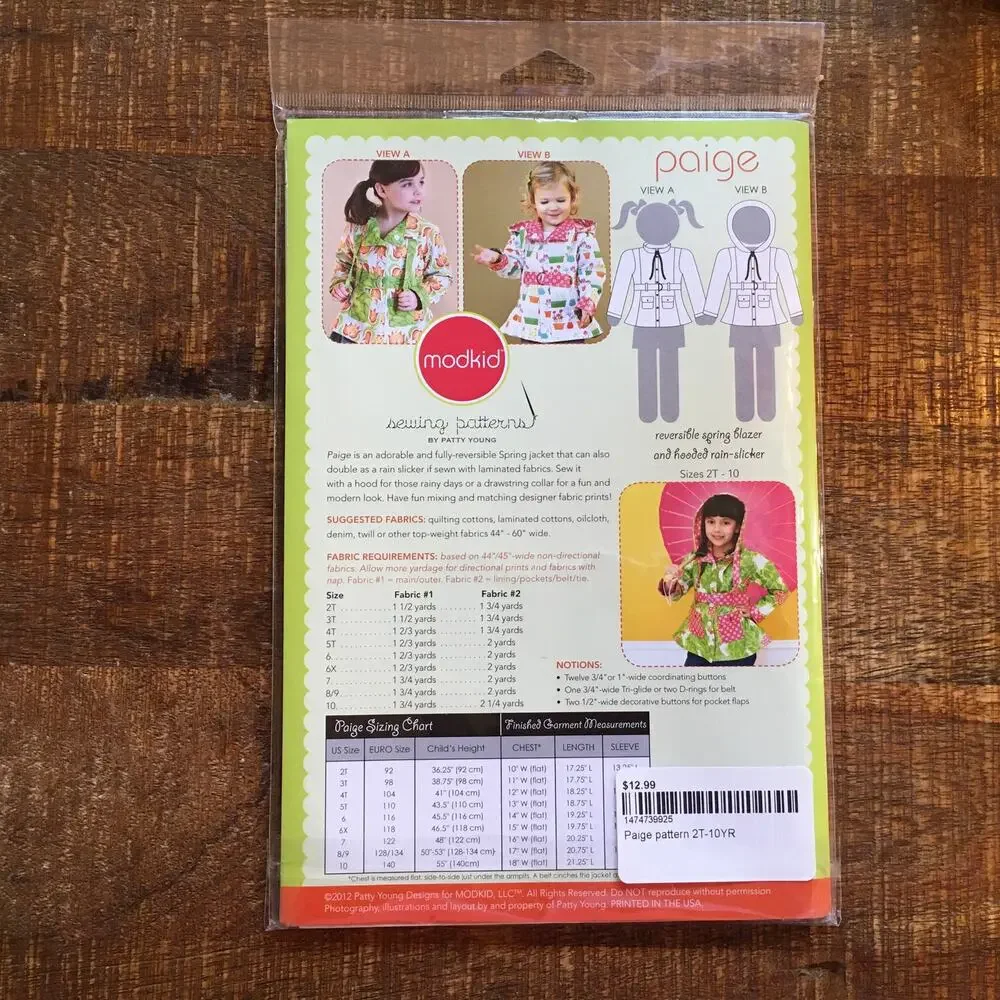 ModKid Sewing Pattern Paige Reversible Hooded Rain Jacket Coat Girl 2-10 UNCUT